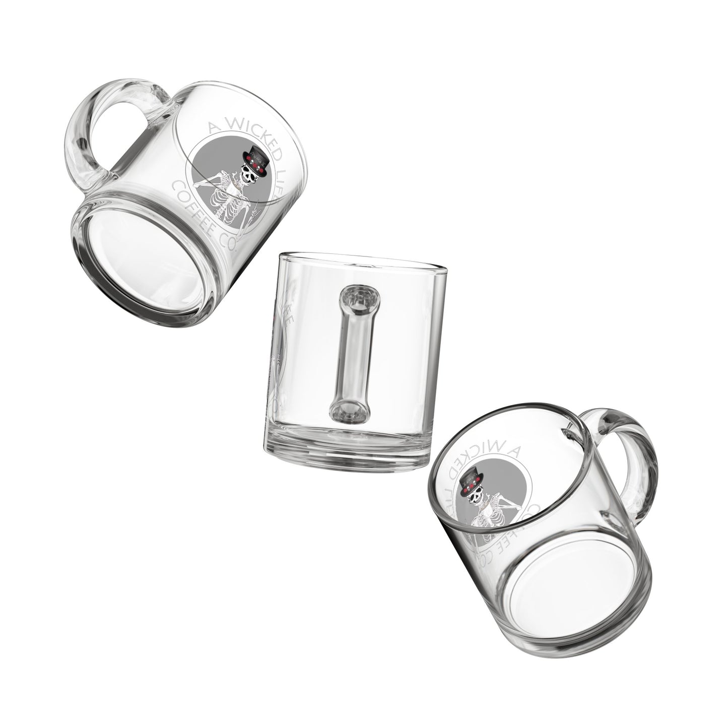 Glass Mug - Skeleton Holding Coffee Cup with A Wicked Life Coffee Co Logo