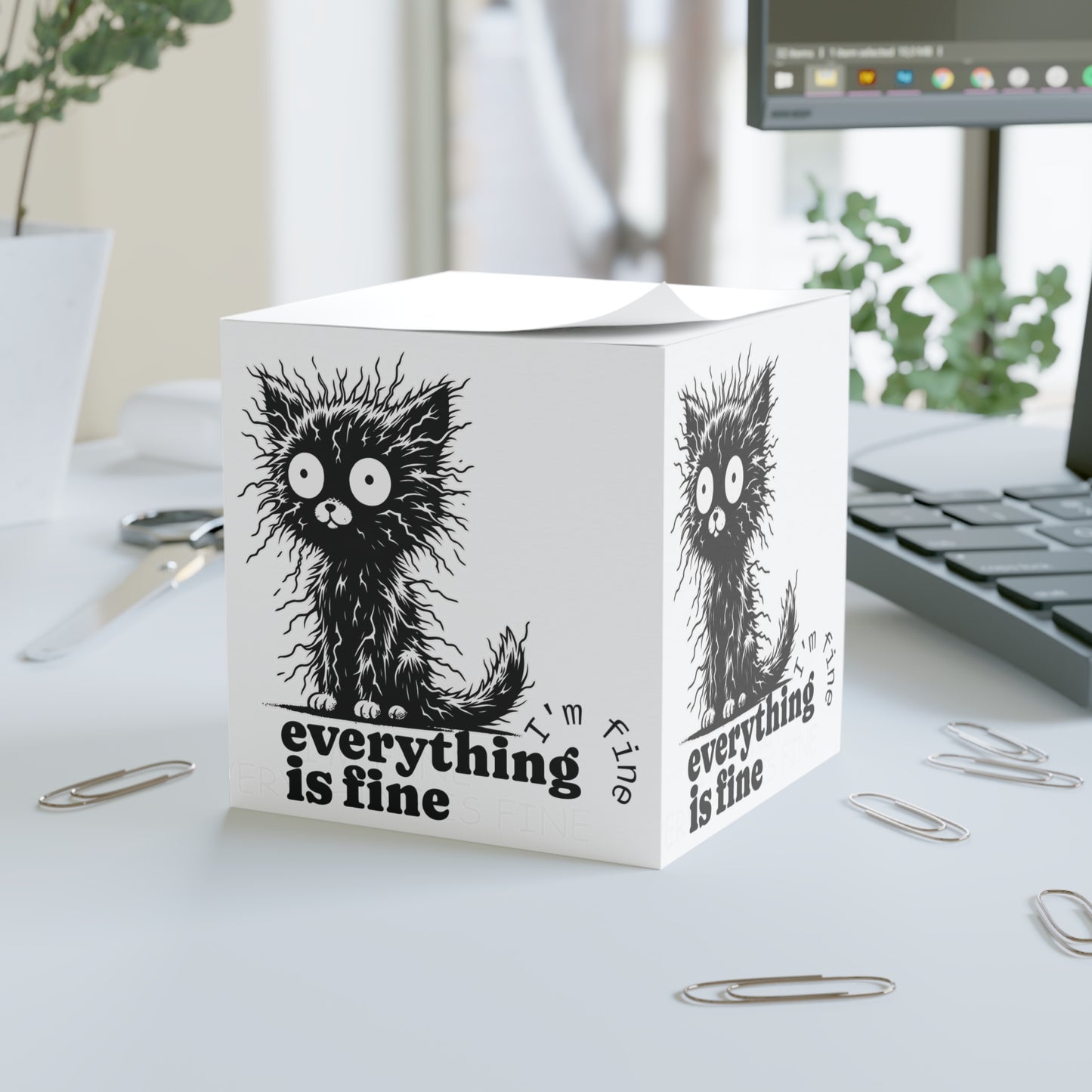 Cute Cat Note Cube Everything is Fine, Office Decor, Gift for Cat Lovers, Notepad for Stress Relief, Adorable Desk Accessory, Perfect