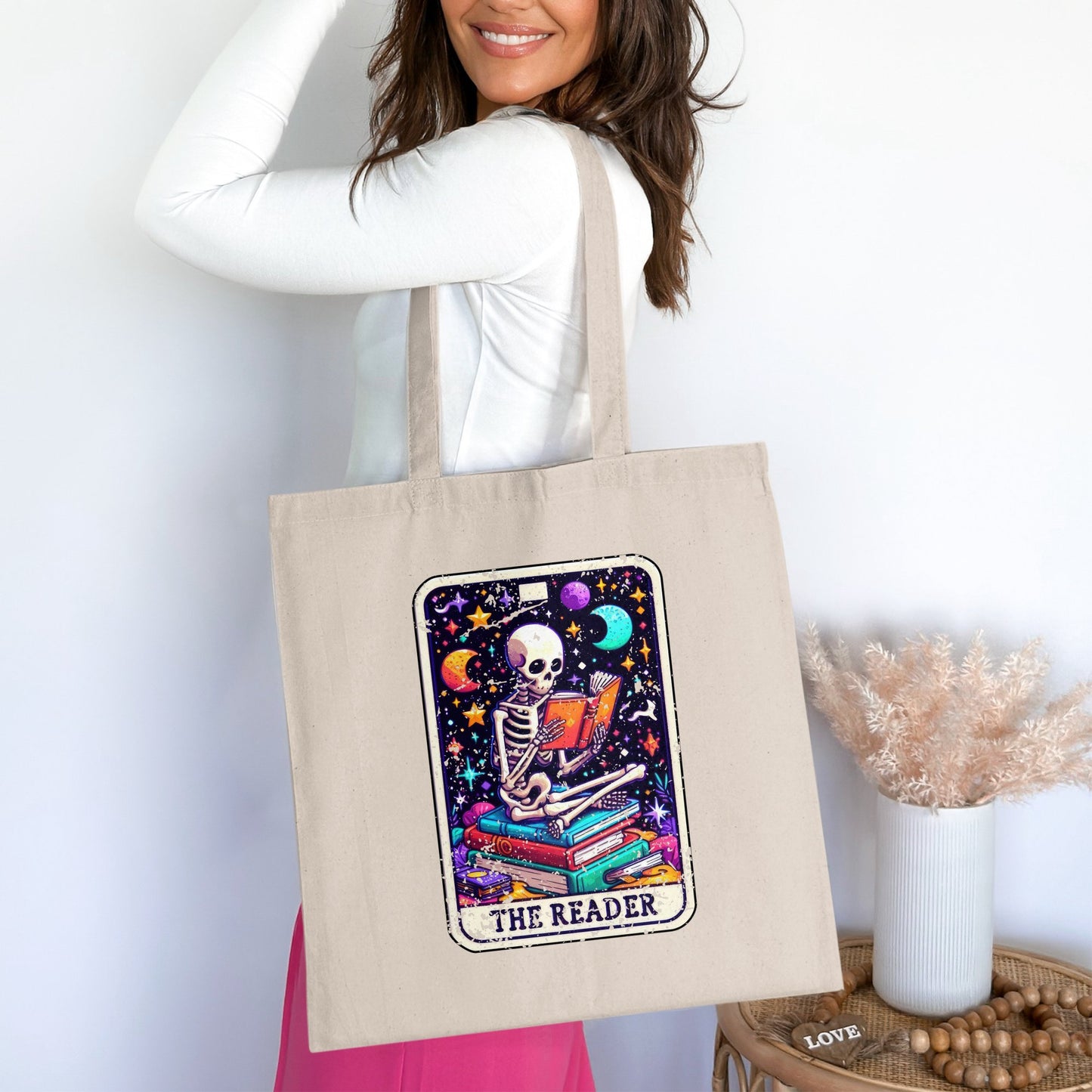 The Reader Skeleton With Books Tote Bag product type